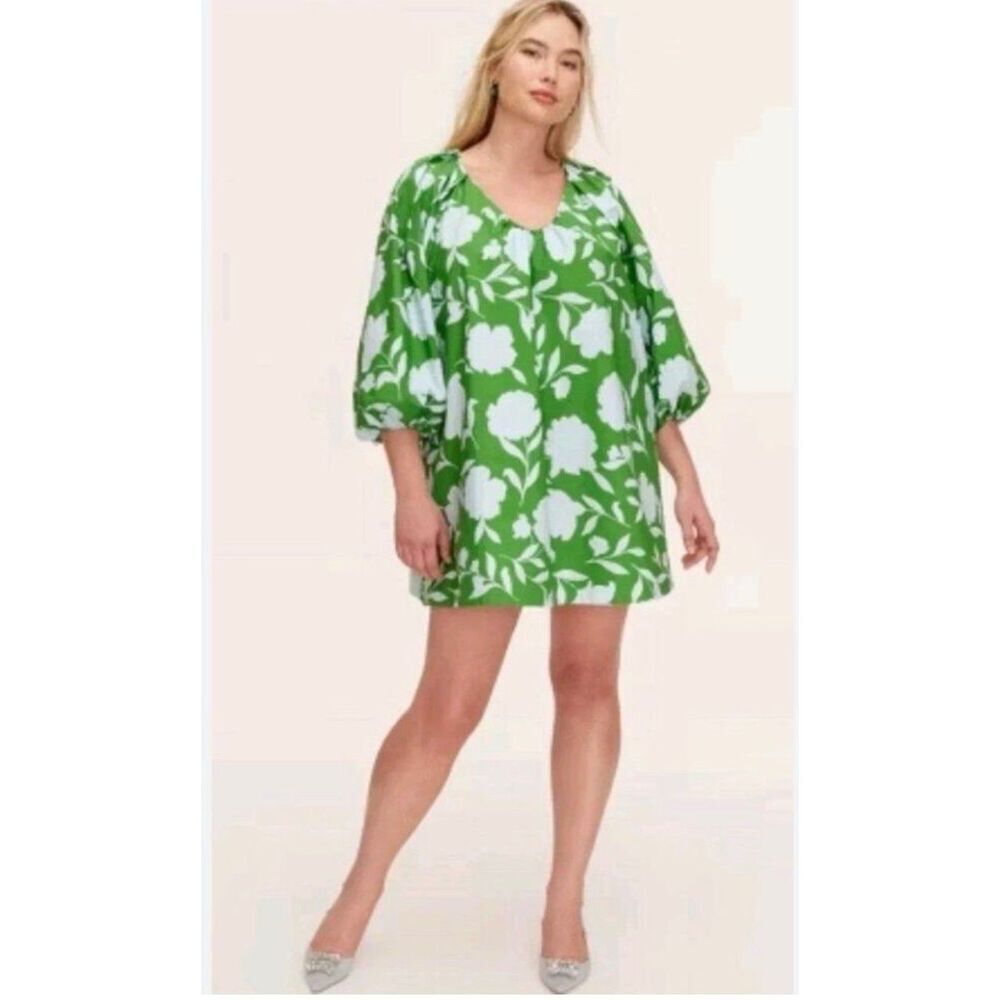 Kate Spade Target Size L Puff Sleeve Poplin Mini Dress Kelly Green White Floral